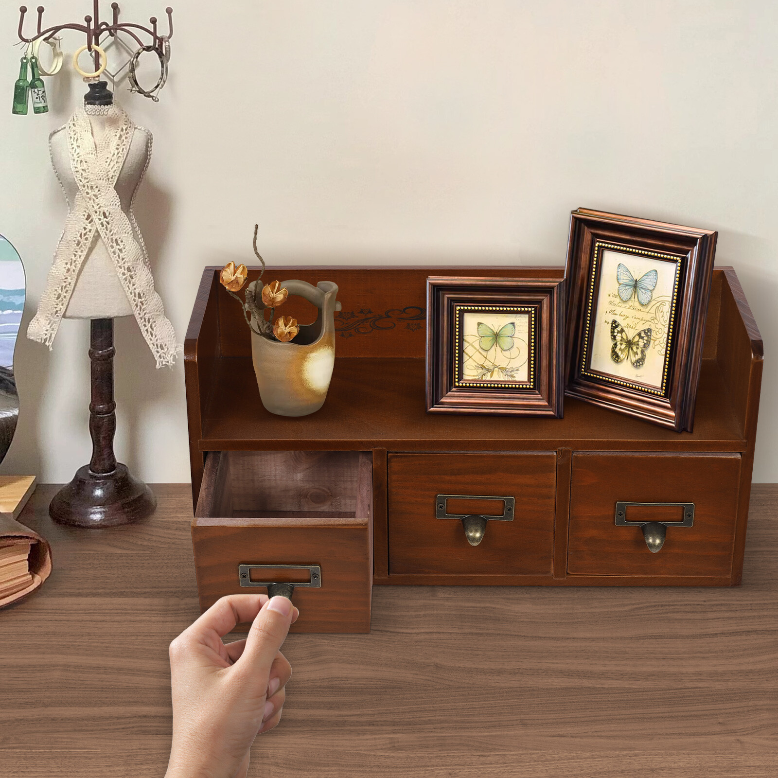 Retro Pine Wood Brown Desktop Organizing Cabinet W/ 3 Drawers 15.16*5.71*7.28in
