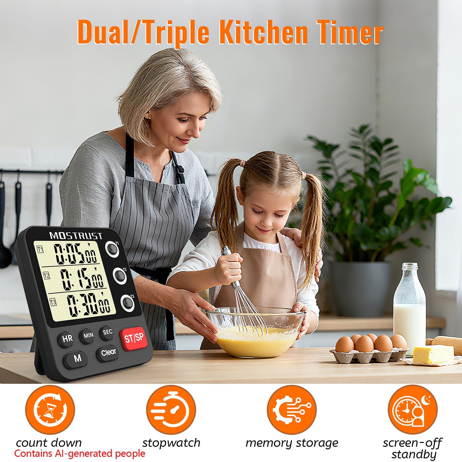 Digital Dual Kitchen Timer, 3 Channels Triple Countdown Timer for Cooking, Ma...