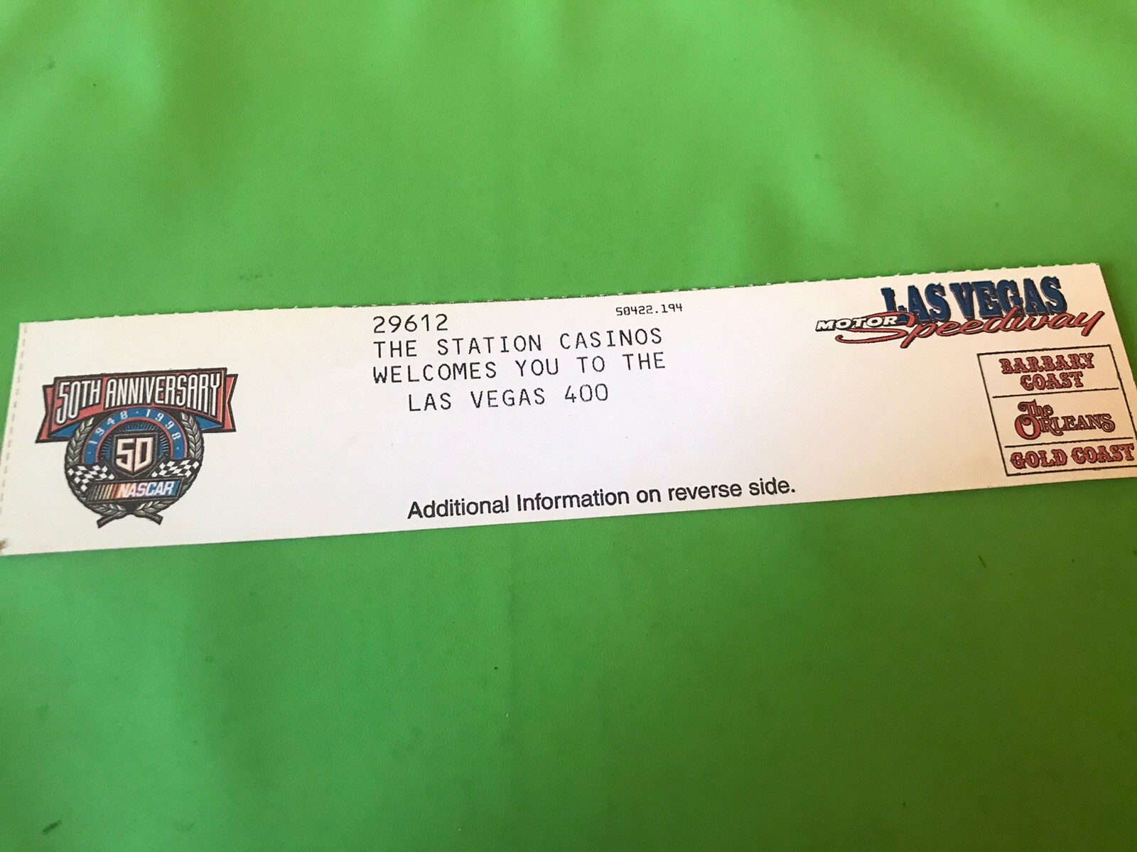 VINTAGE NASCAR 3/1 1998 LAS VEGAS 400 TICKET MARK MARTIN WIN