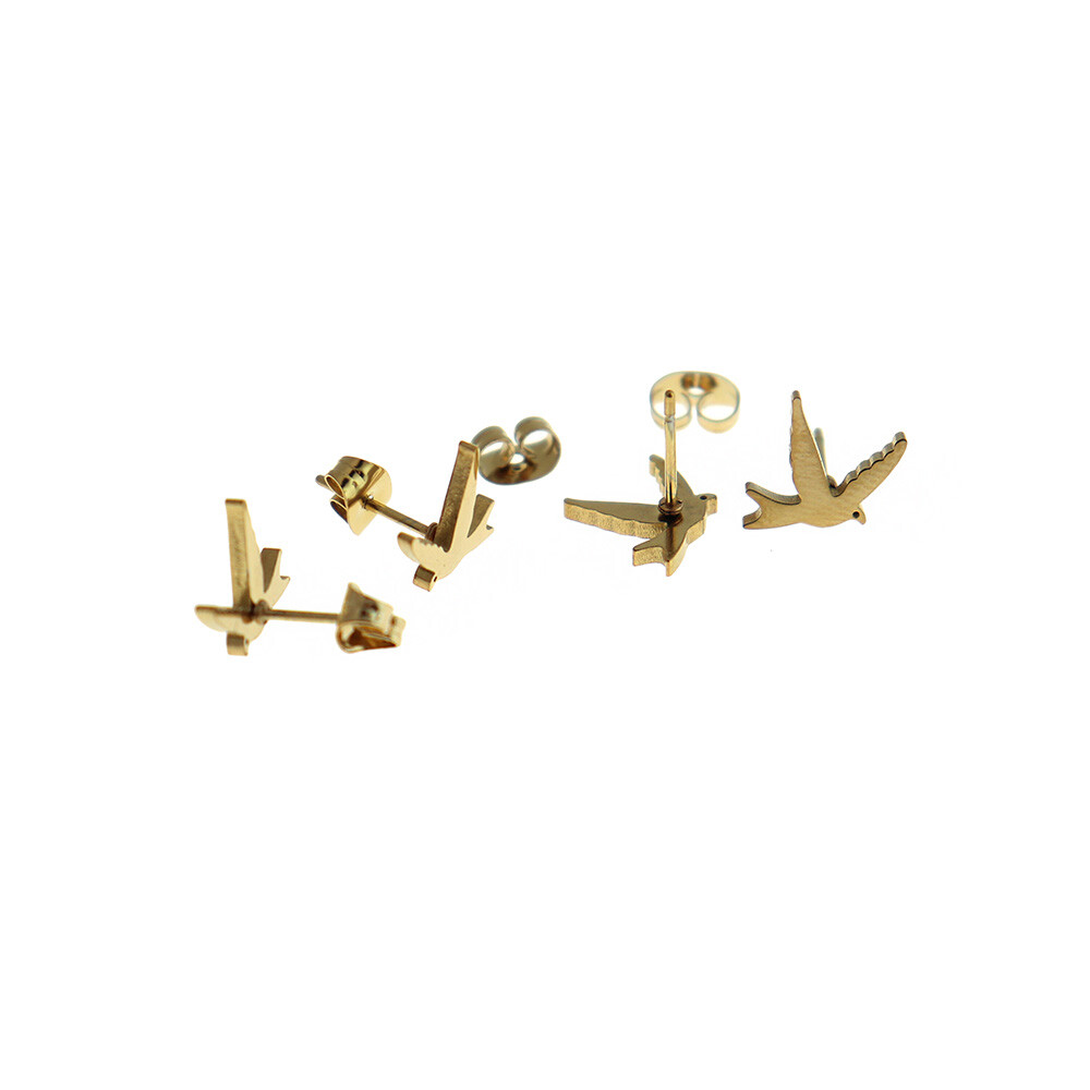 Gold Stainless Steel Earrings - Bird Studs - 2 Pieces 1 Pair - ER453