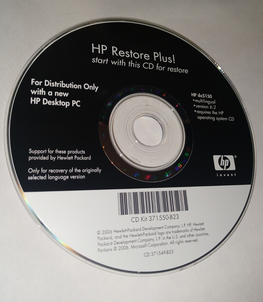 HP Restore Plus CD for HP DX5150 Good Condition