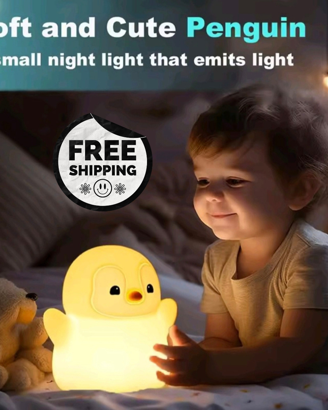 Cute penguin night light, soft silicone lamp with dimming, USB rechargeable