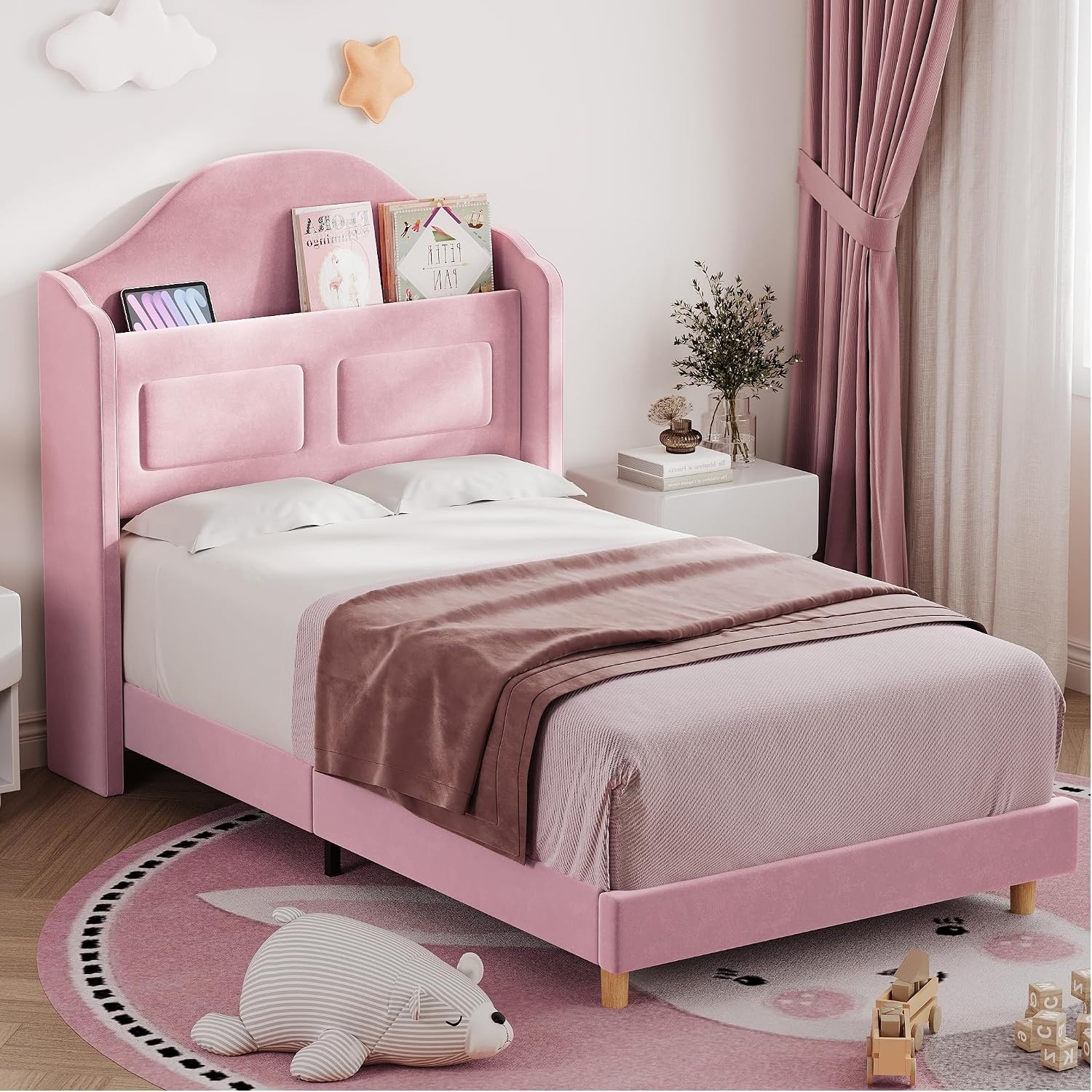 Twin Bed Frame for Kids Upholstered Velvet Princess Platform Bed for Boys/Girls