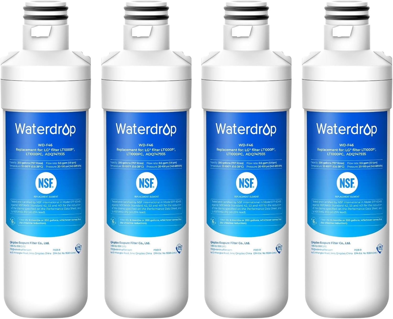 Waterdrop F46 Refrigerator Water Filter Replacement for LG® LT1000P® Pack of 4