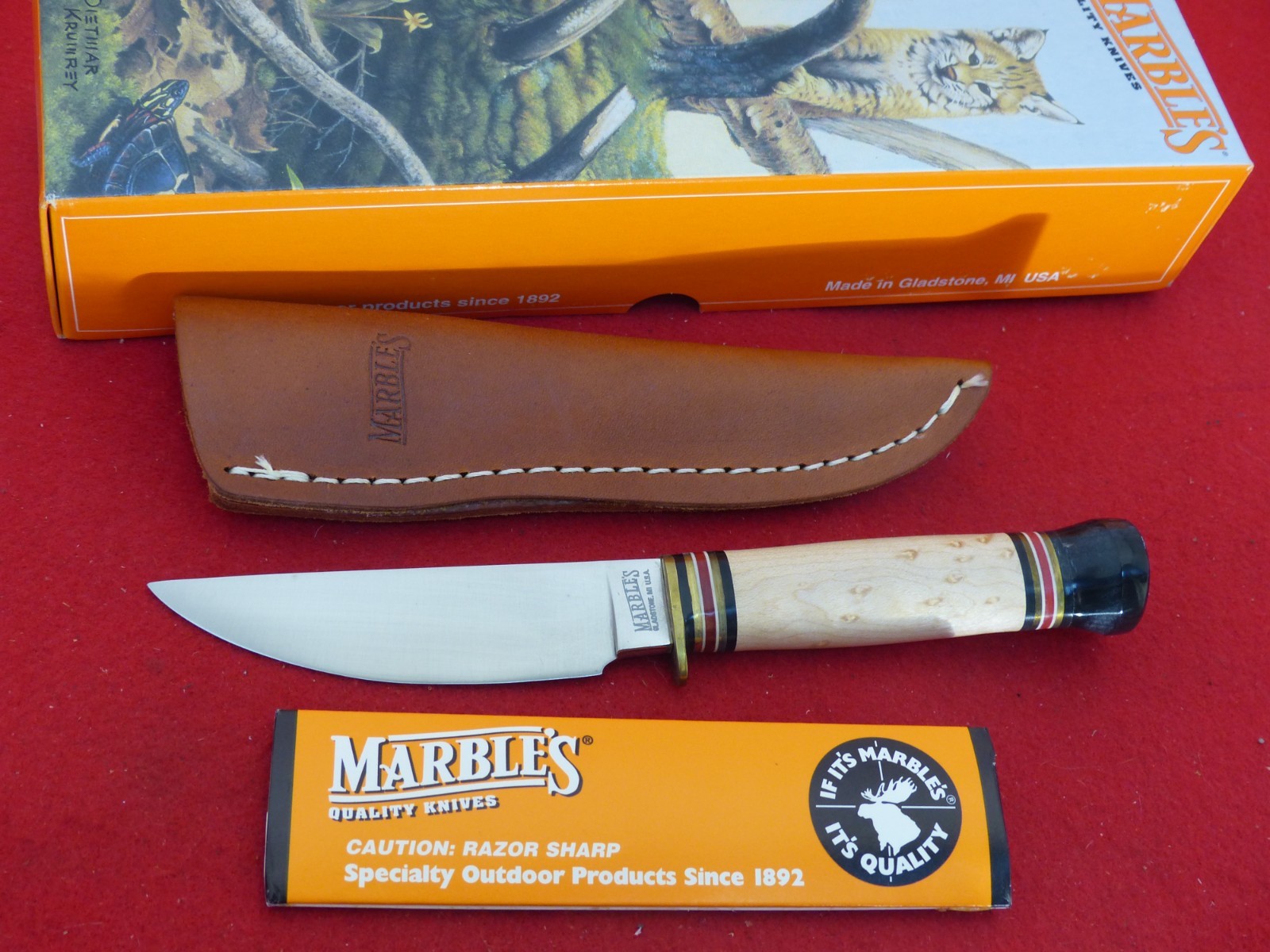 Marbles Gladstone USA mint in box Plainsman fixed blade birdseye/buffalo knife