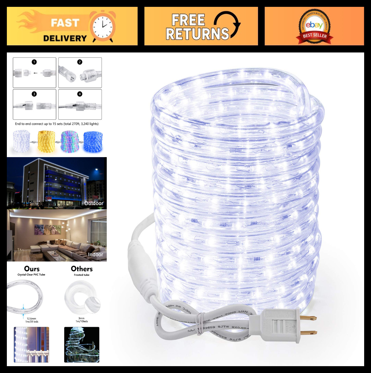 18ft LED Rope Lights, 216 Lights, Connectable Daylight White, Indoor/Outdoor, Fl