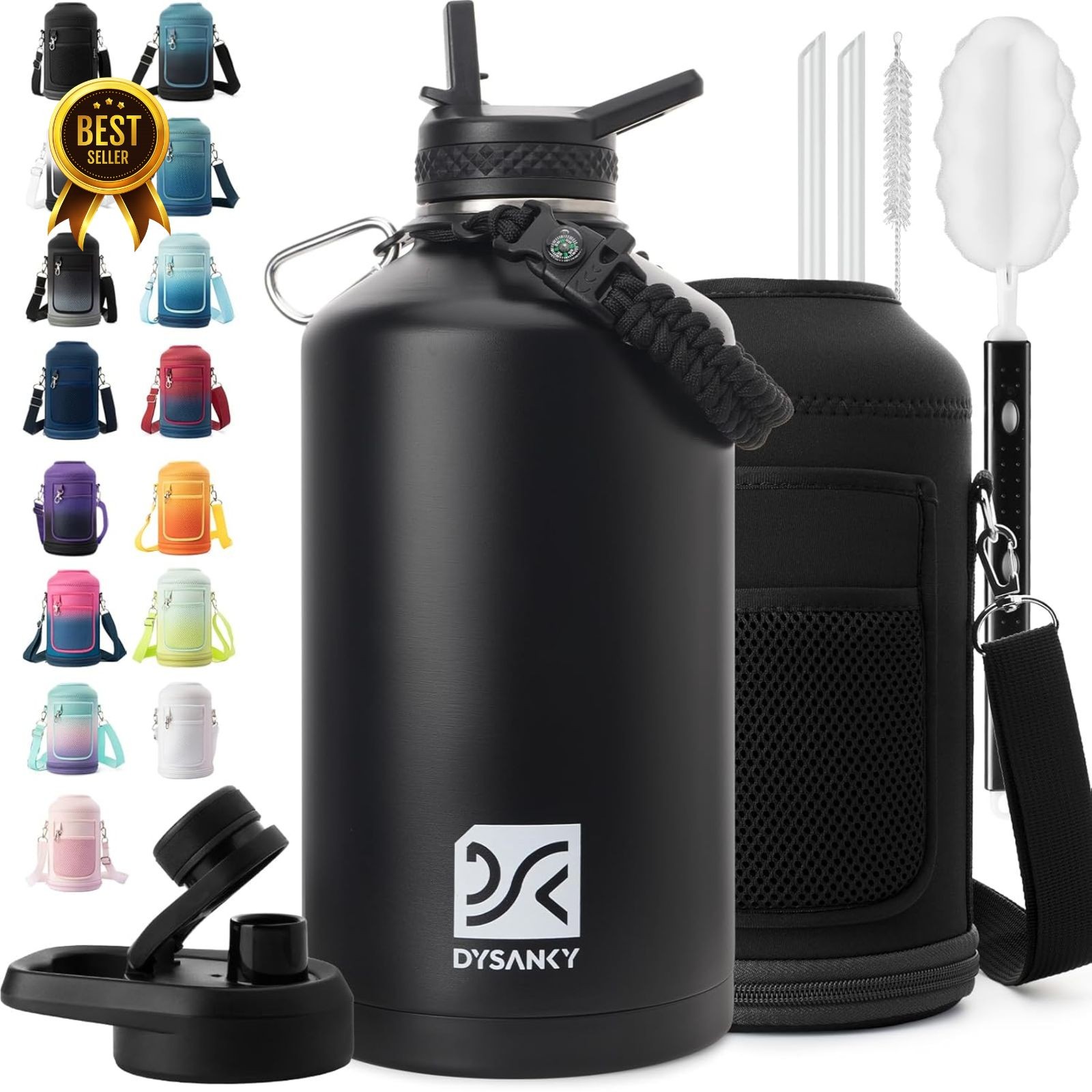 1 Gallon Insulated Water Bottle 128oz Stainless Steel Jug w/ Straw Bag Strap
