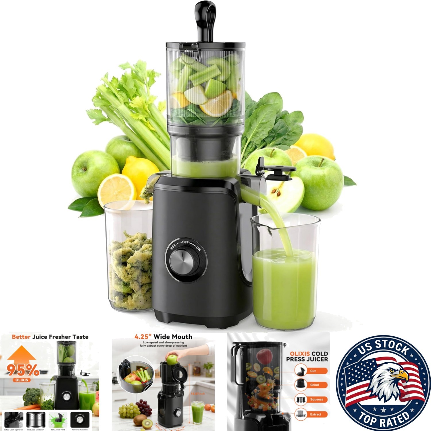Cold Press Juicer with Wide Chute for Whole Fruits & Veggies - Black