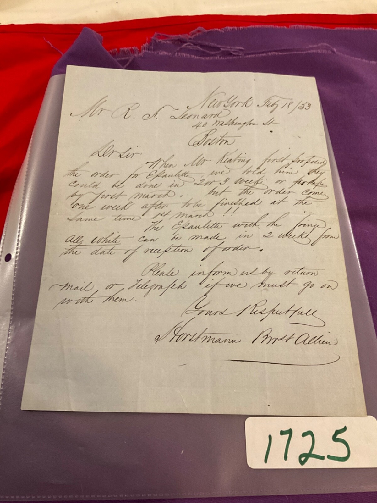 US ARMY 1853 EPAULETS CONTRACT LETTER HORSTMANN BROTHERS & ALLIN RECEPTION DATE