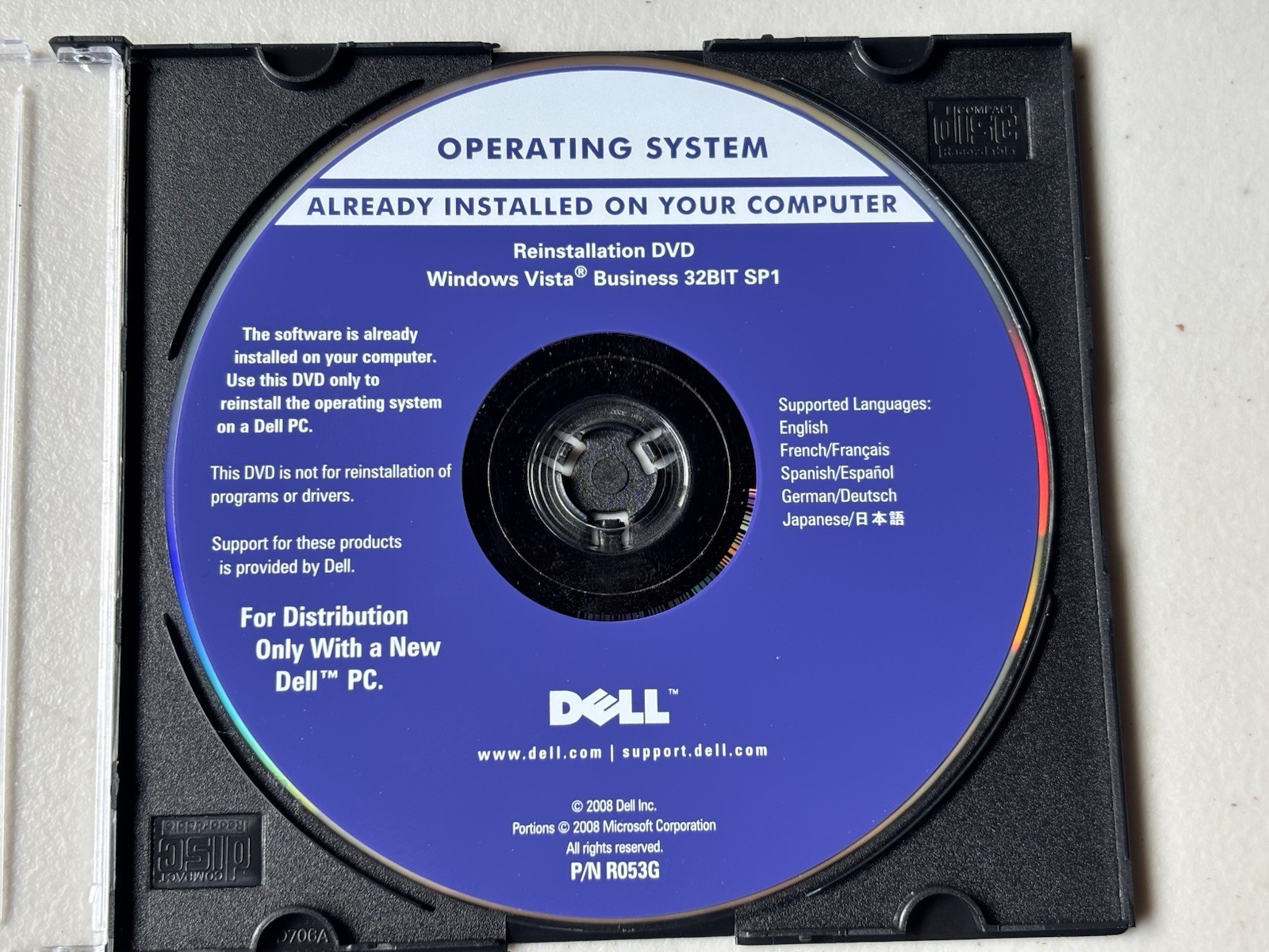 Dell Microsoft Windows Vista Business 32BIT SP1 Reinstallation DVD Disc Only