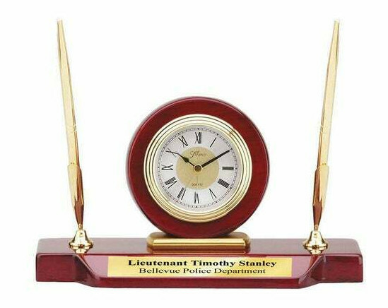 Desk Clock Double Pen Set Clock Cherry Wood Base Personalized Gift Award Grads