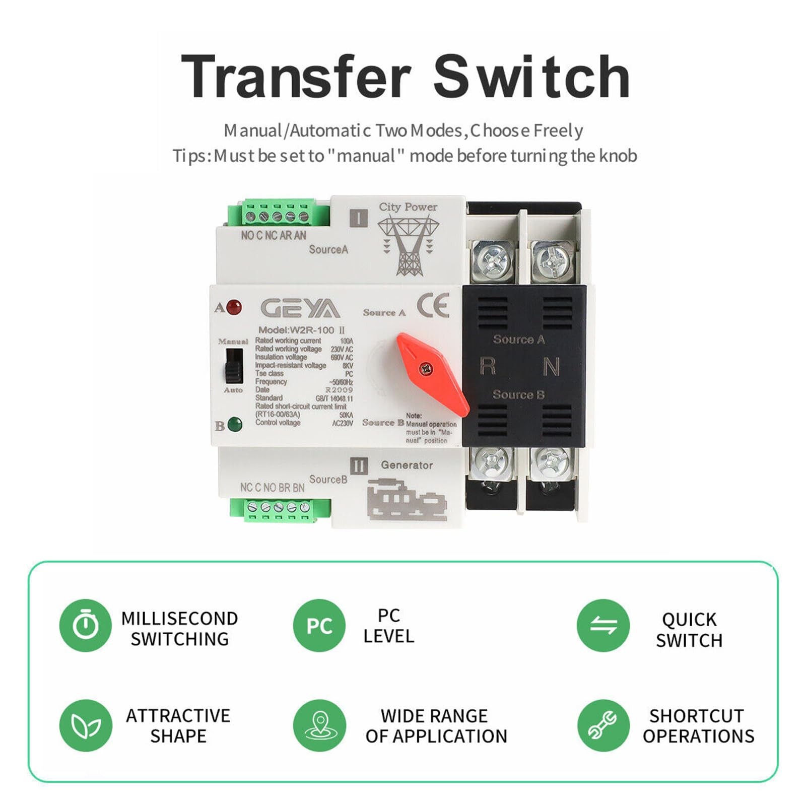 GAEYAELE Automatic Transfer Switch Three Phase ATS 100A 3P-100A-220V, Black