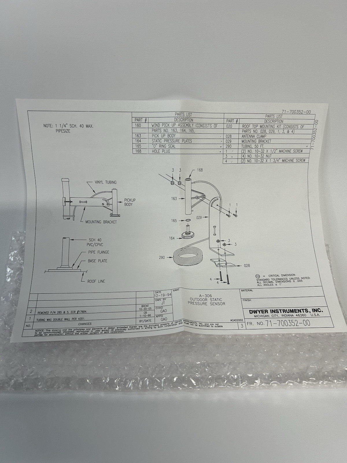 OEM Trane SEN01279 Outdoor Static Pressure Sensor Kit-Model A-306