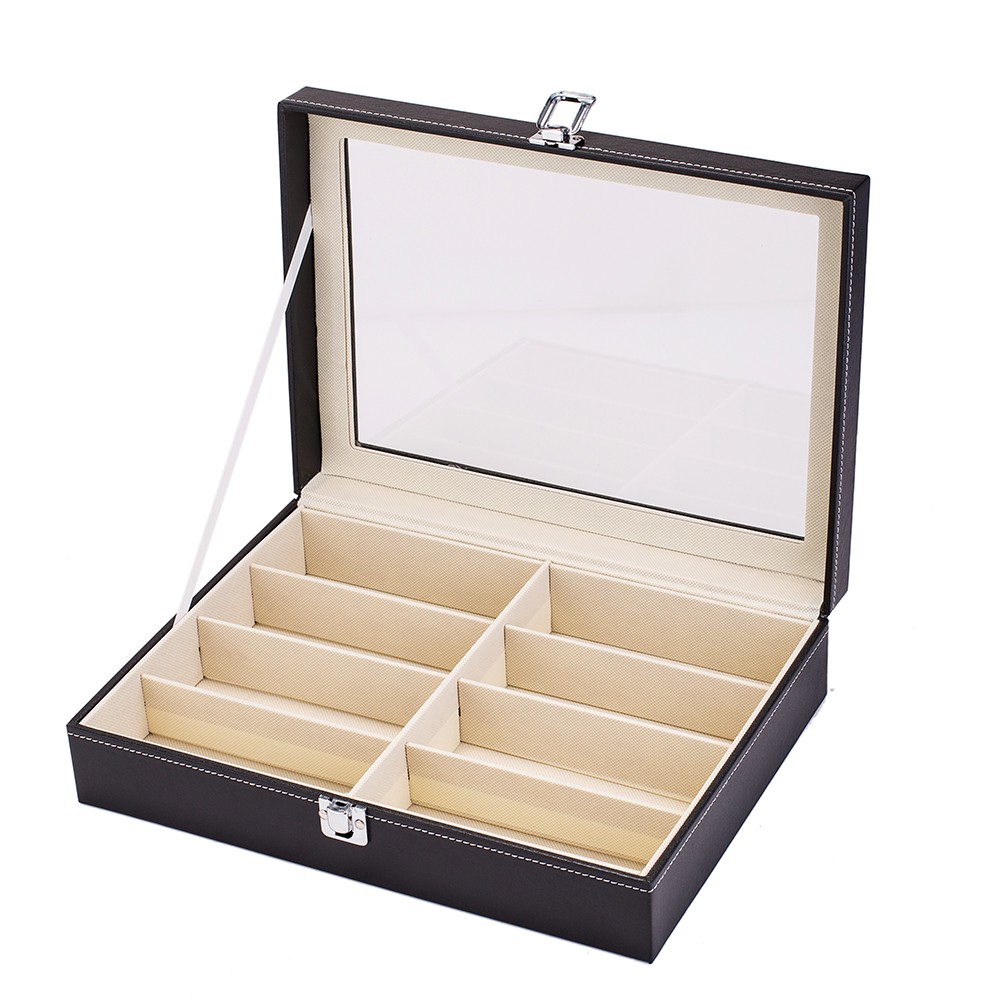 Sunglasses Organizer 8 Slot Leather Eyeglasses Storage Box W/ Clear Glass Cover