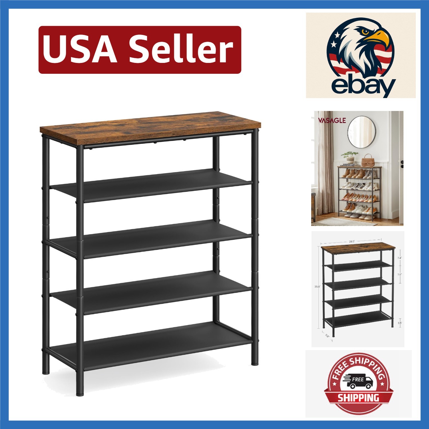 5-Tier Industrial Shoe Rack: Holds 12-16 Pairs in Rustic Brown and Black