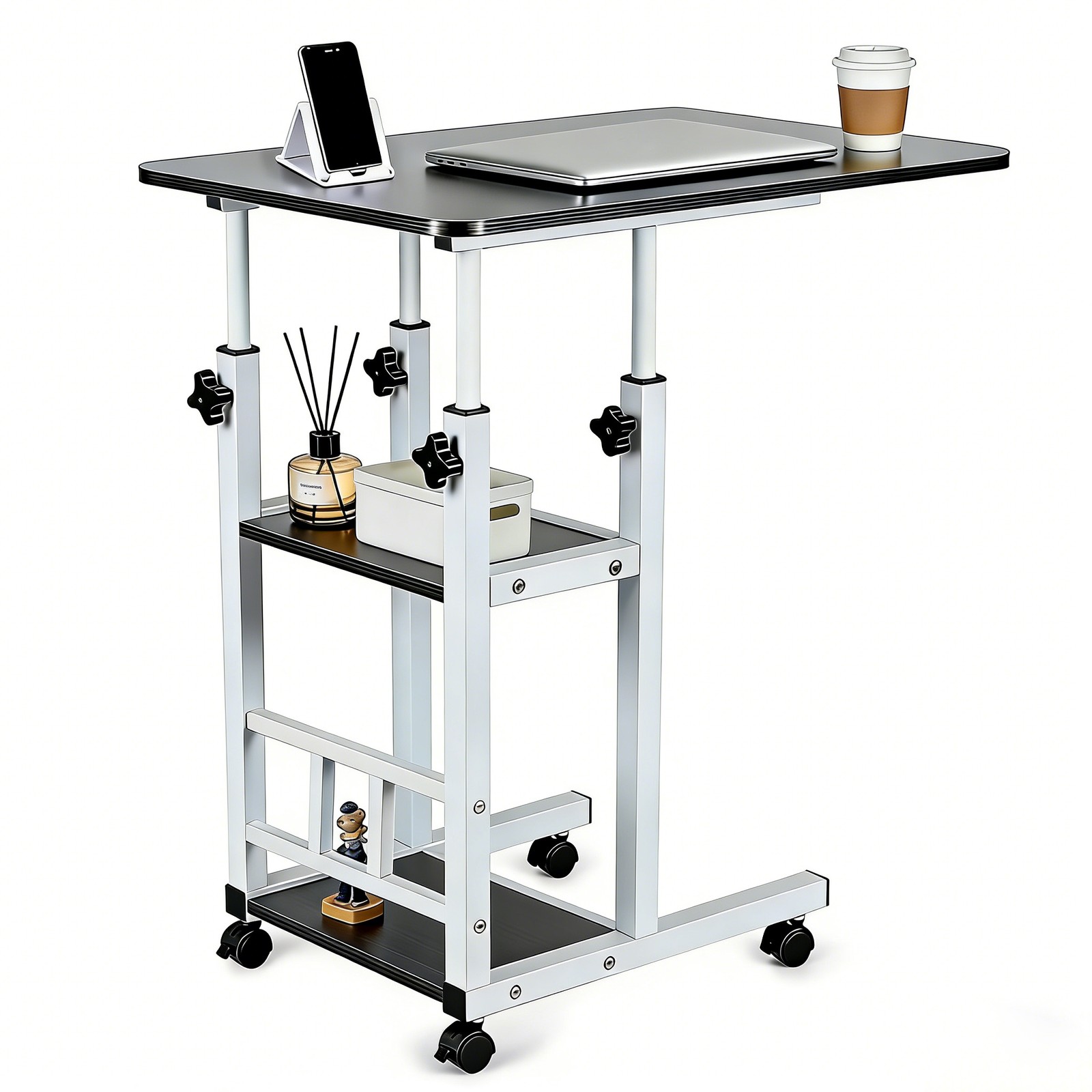 Height Adjustable C Table on Wheels with Storage Shelves Sofa End Table