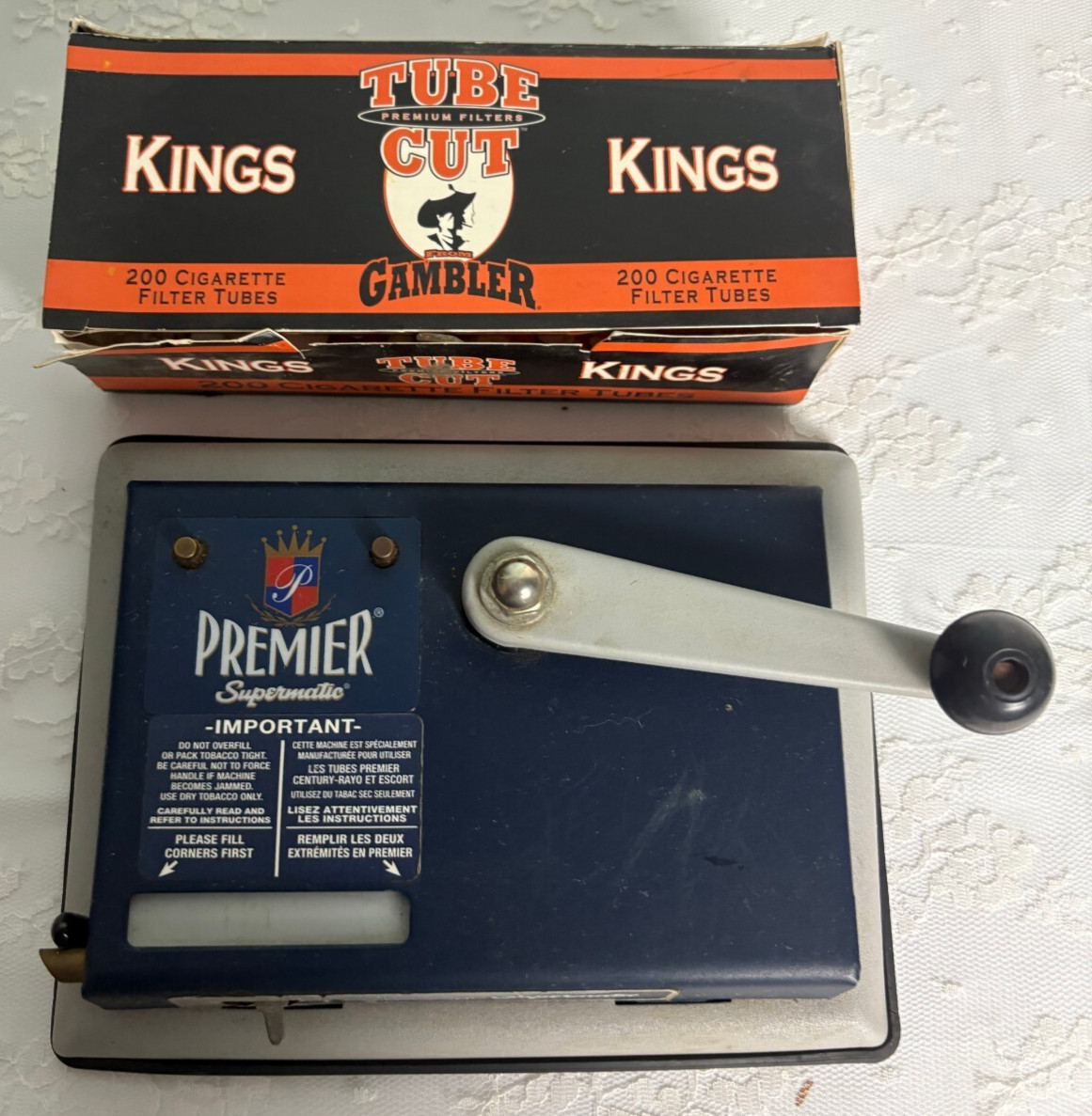 Premier Supermatic Cigarette Machine and Partial Box of Gambler King Size Tubes