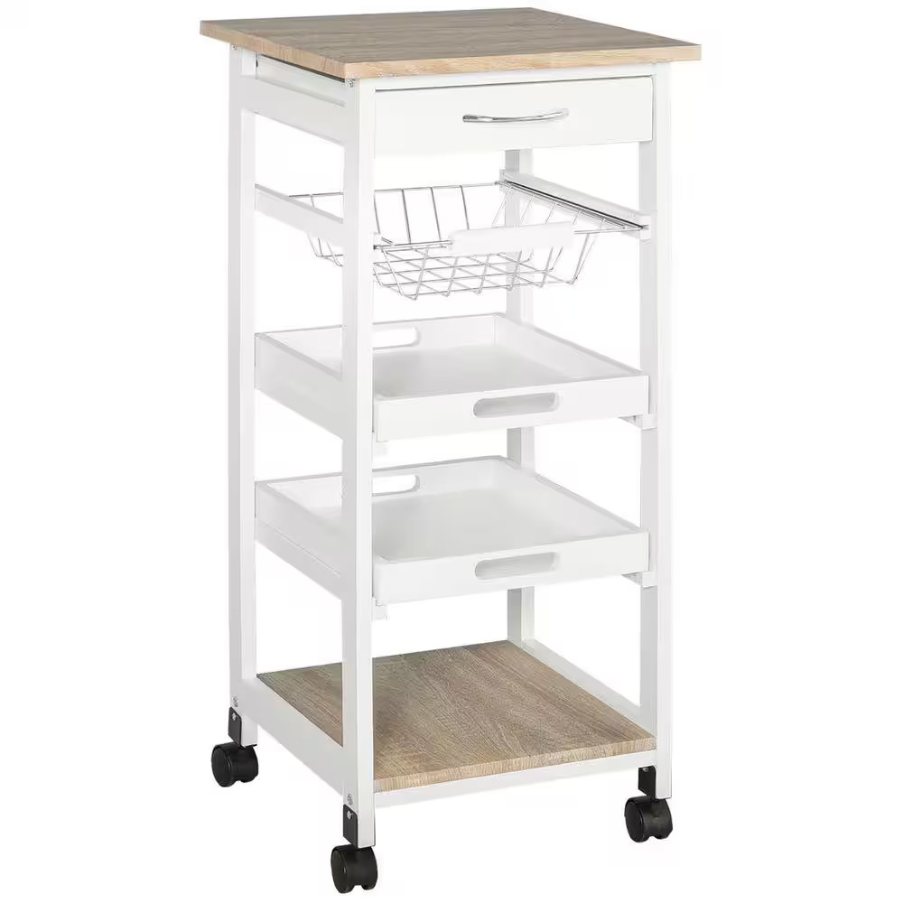 5-Tier Solid Wood 4-Wheeled Mobile Kitchen Cart with Storage, Wire Fruit Baskets