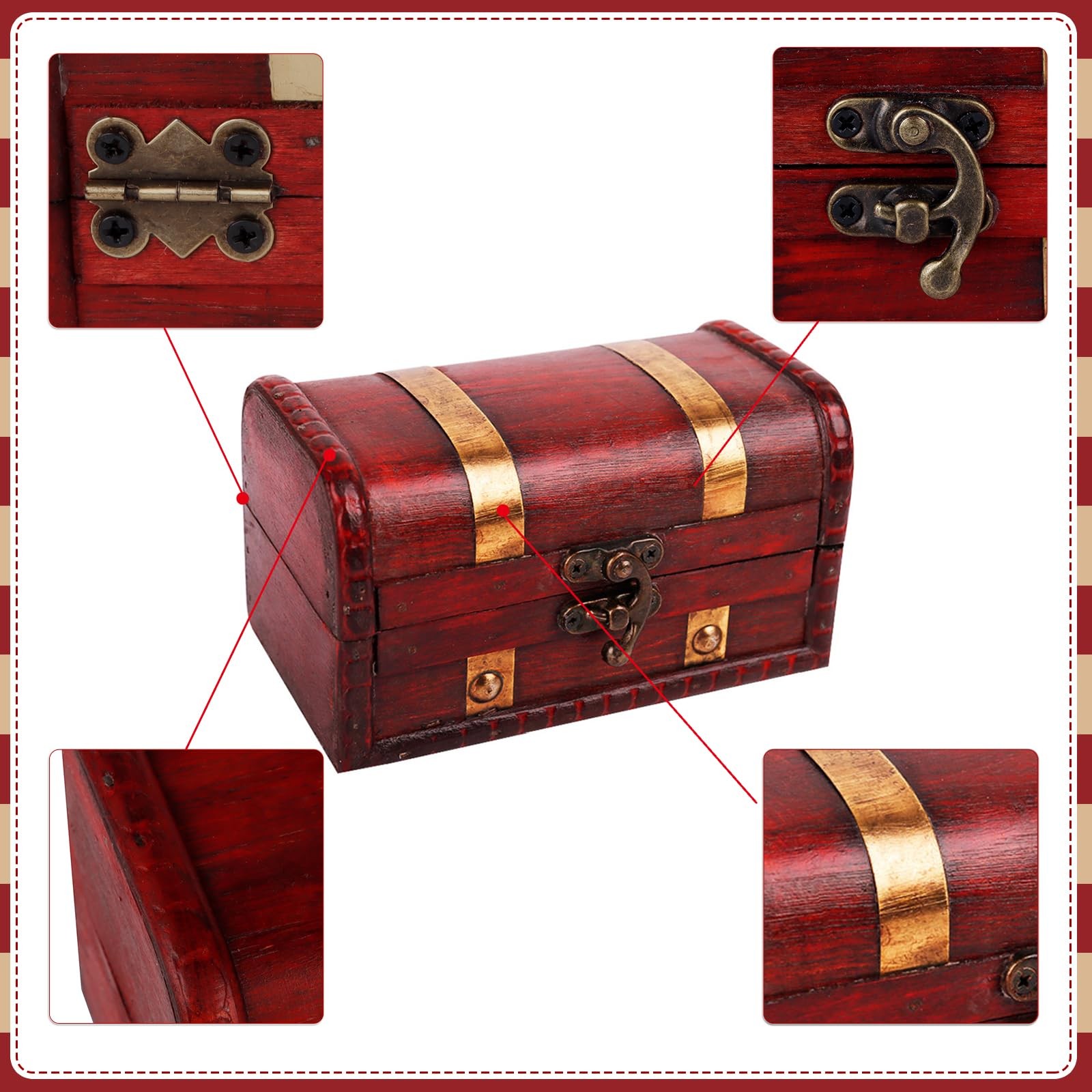 WaaHome Pirate Treasure Boxes Small Wood 5.5''X3.2''X3.2'', 5.5" Red