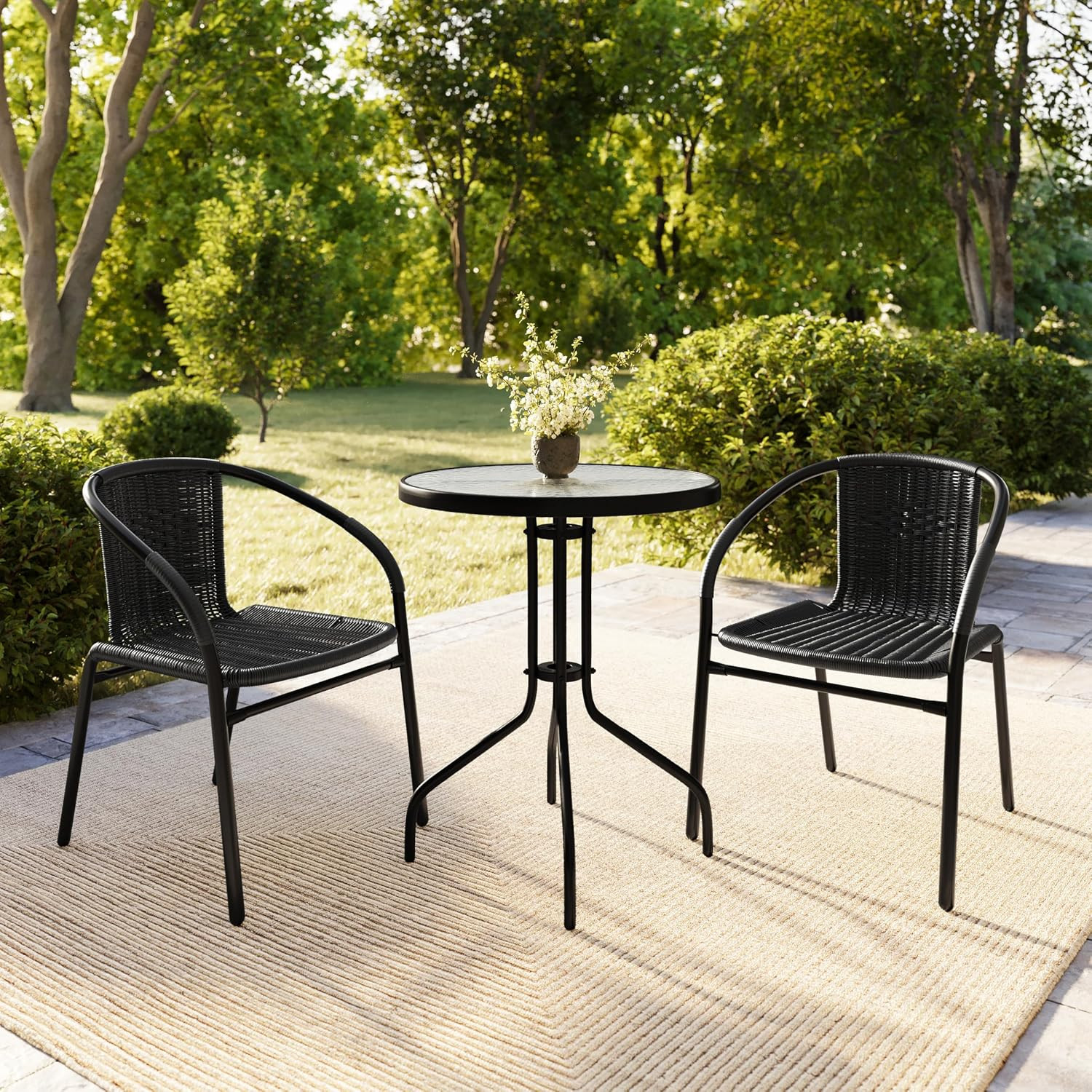 Set of 2 Commercial Grade Black Rattan Indoor-Outdoor Restaurant Stack Chairs