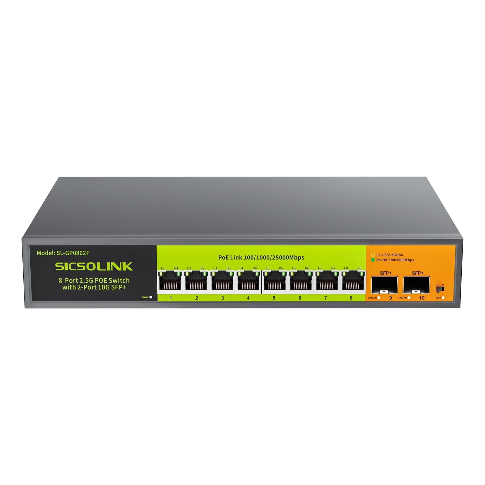 2.5Gb PoE+ Switch 10-Port Unmanaged with 8*2.5G Base-T PoE+ Ports, 2*10G SFP+...