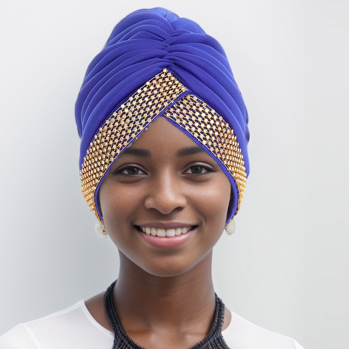 African Women Auto Gele Headtie Turban Rhinstone Pleated Cap Nigerian Headwrap