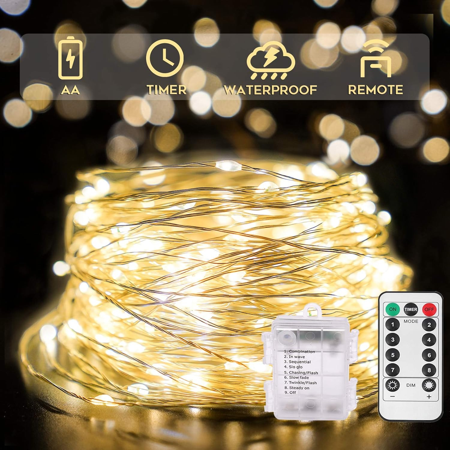 Fairy Lights Battery Operated with Remote, 33Ft 100 LED Dimmable Twinkle Lights