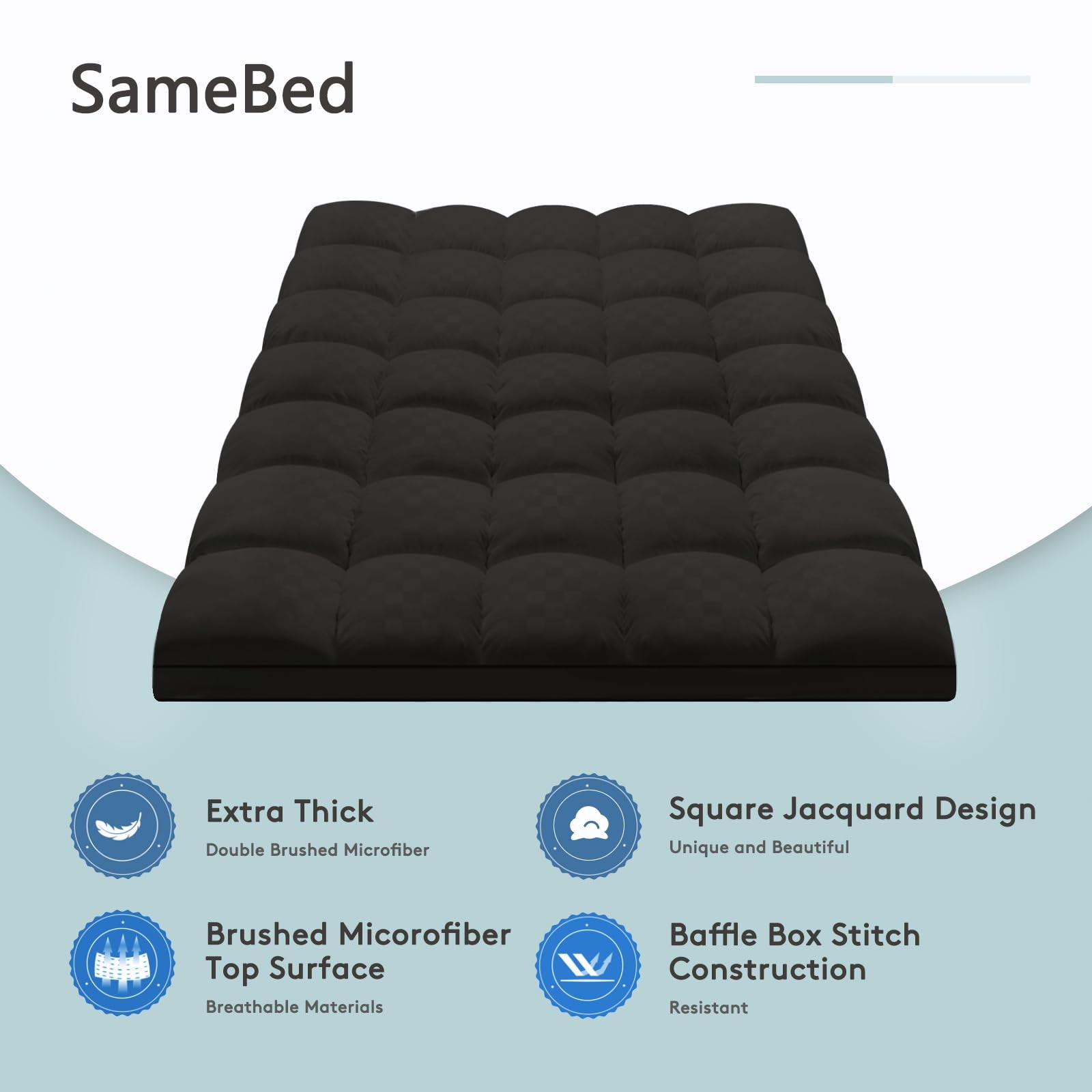 SameBed Mattress Topper Queen,Extra Thick Pad Cover for Queen, Black