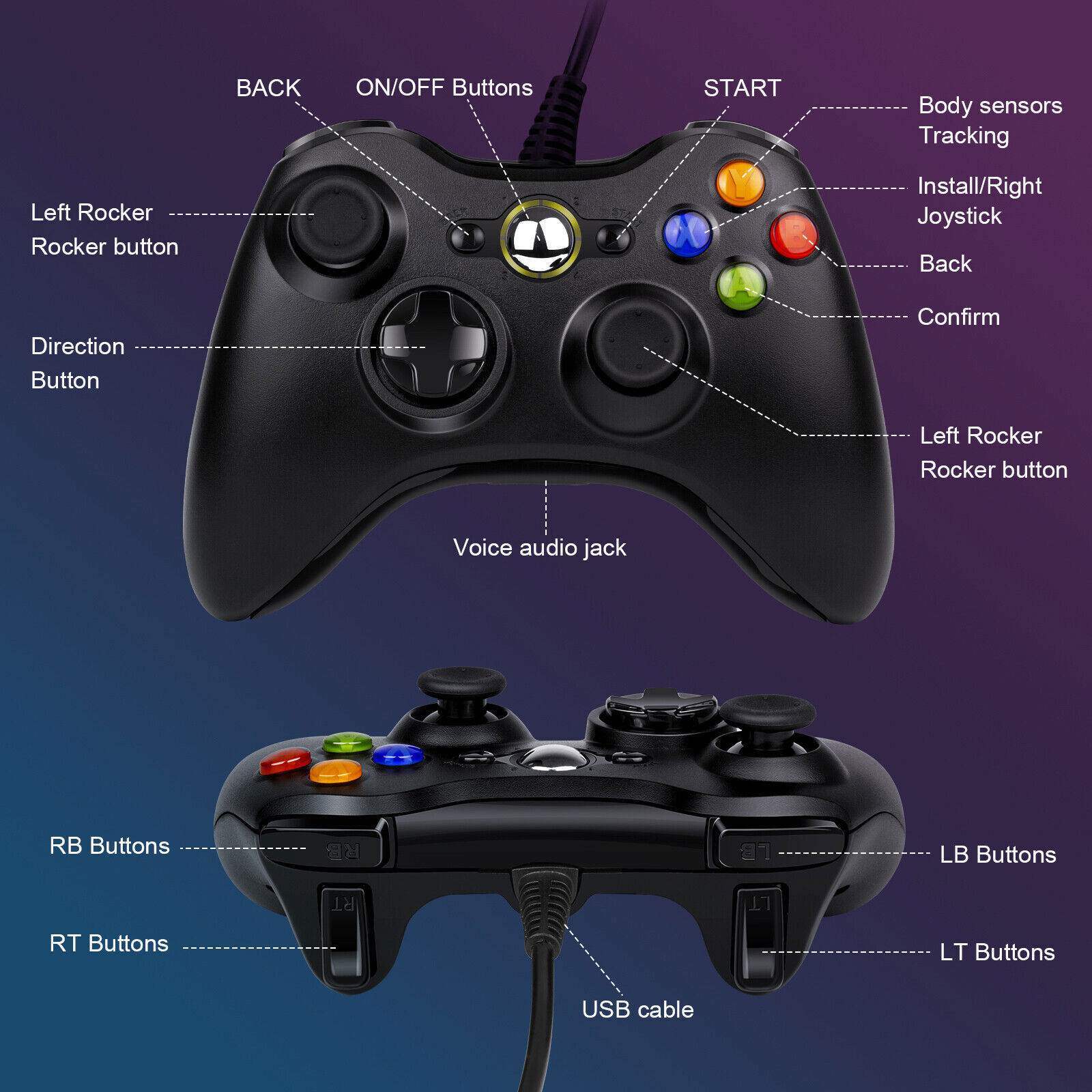 USB Wired Controller For Microsoft Xbox 360/Slim/E Gamepad PC Windows 11/10/8/7