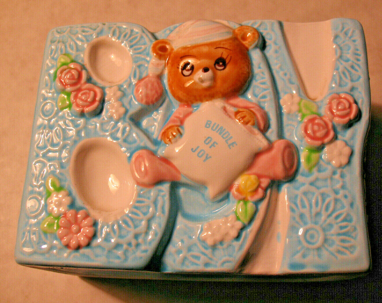 Teddy Bear Baby Figure Planter Lefton Bundle of Joy Baby Nursery Boy Blue Roses
