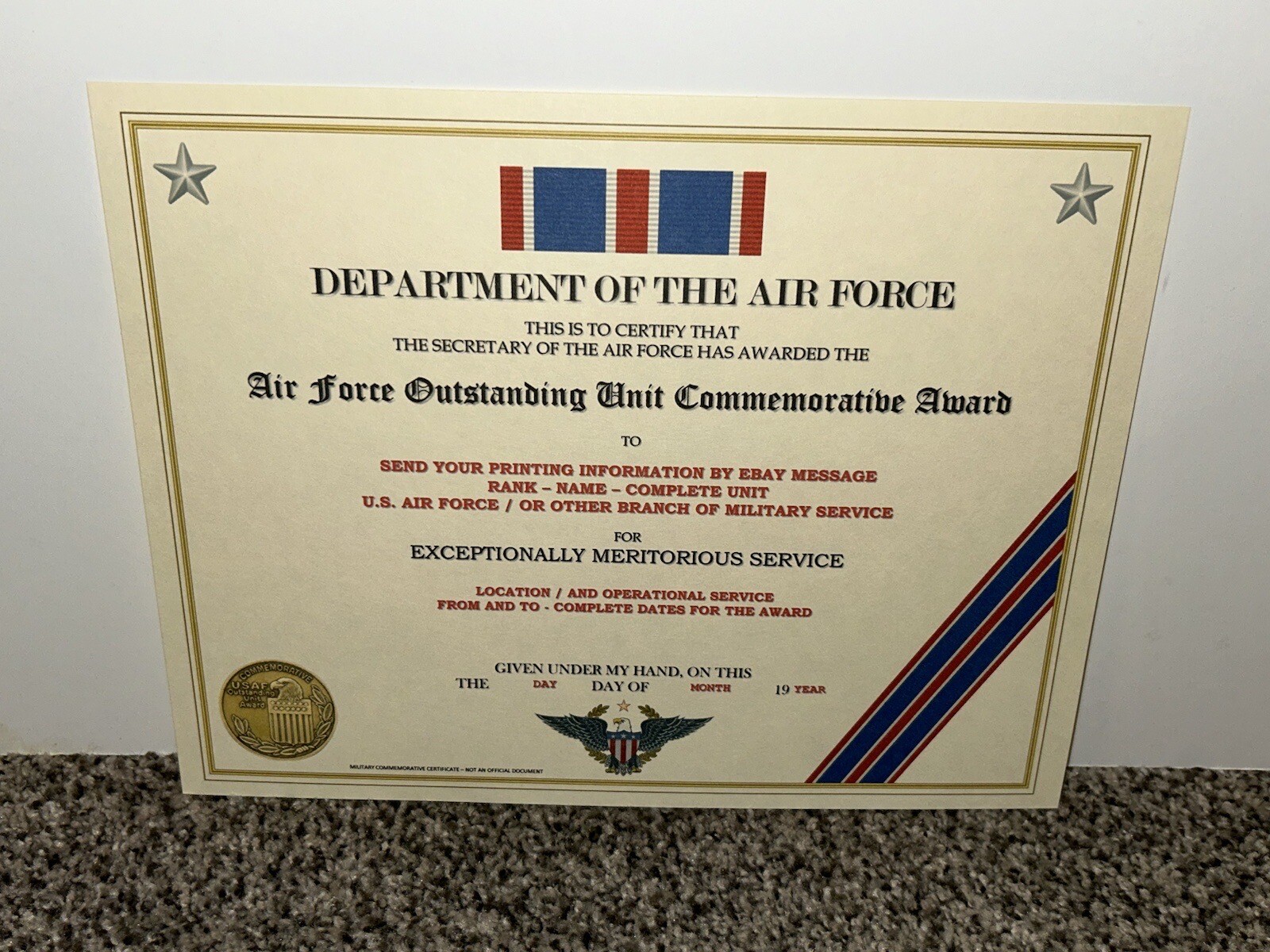AIR FORCE OUTSTANDING UNIT COMMEMORATIVE AWARD CERTIFICATE~W/PRINTING T-1