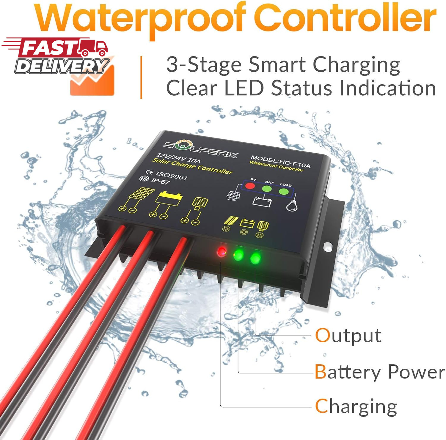 SOLPERK 10A Solar Charge Controller Waterproof Solar Panel Controller 12V/24V PW