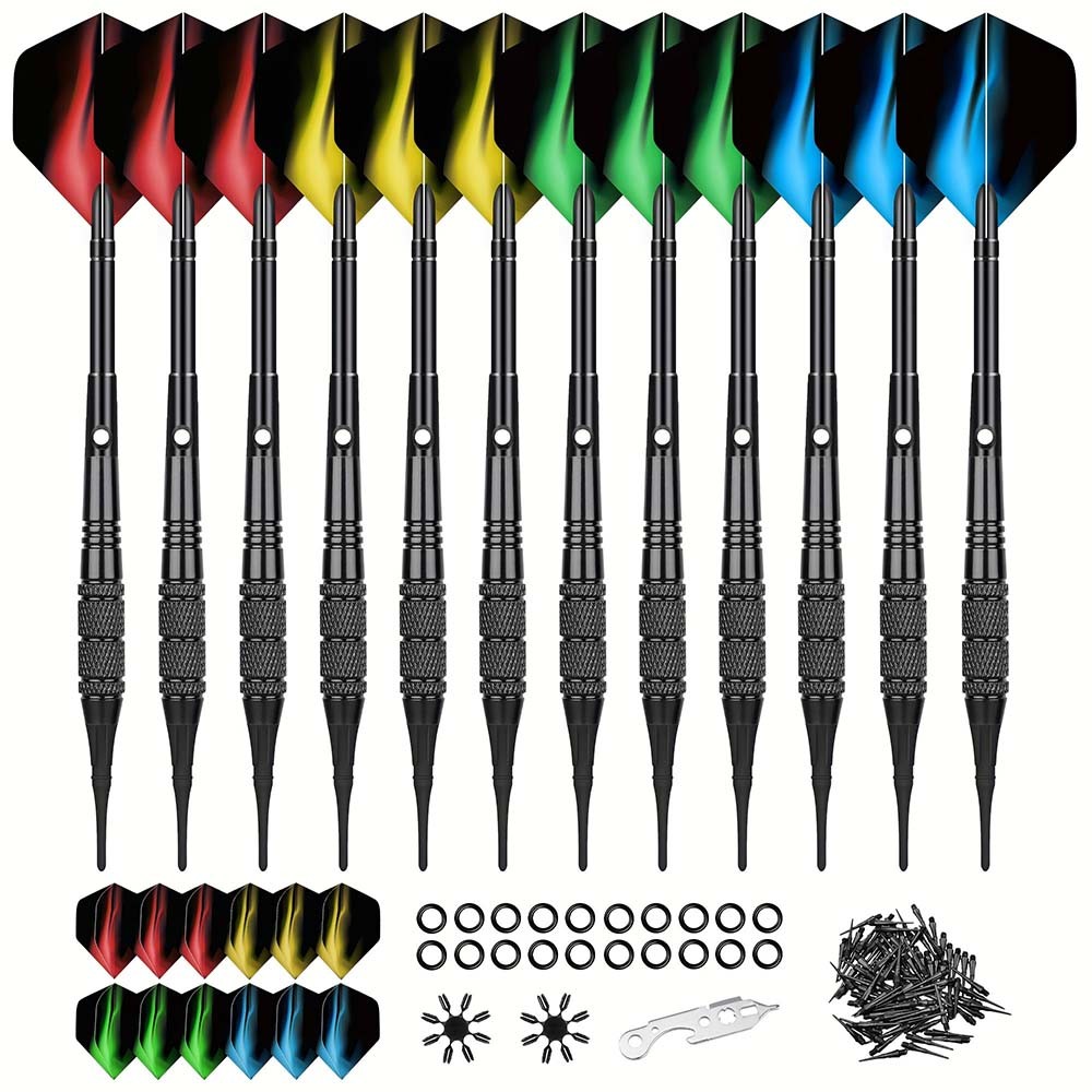 Lightweight Reusable Modern Sleek 12-Piece Replaceable Plastic Soft-Tip Dart Set
