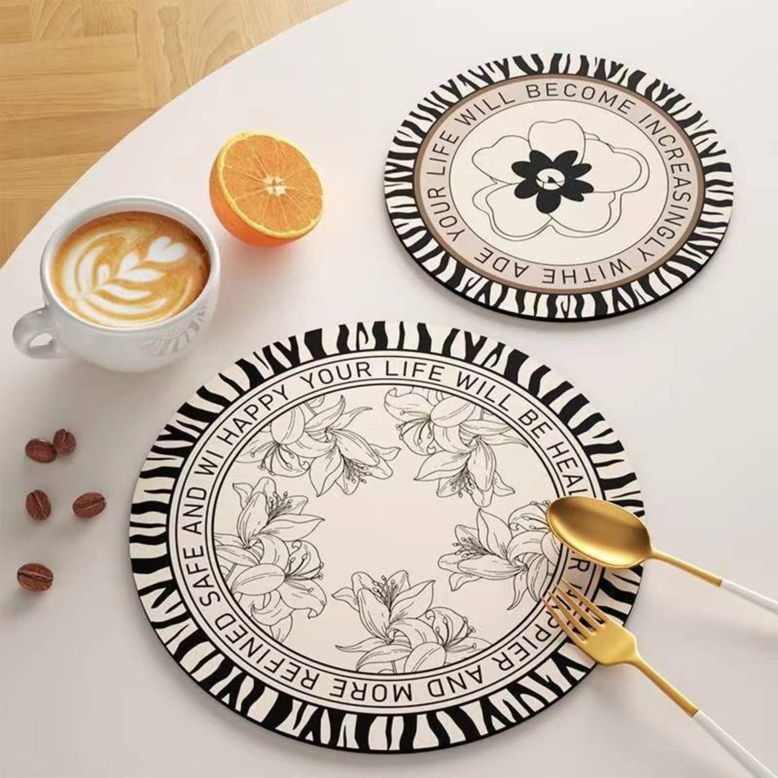 Boho Vintage Ceramic Coasters Cork Backing Neutral Floral Geometric Pattern Set