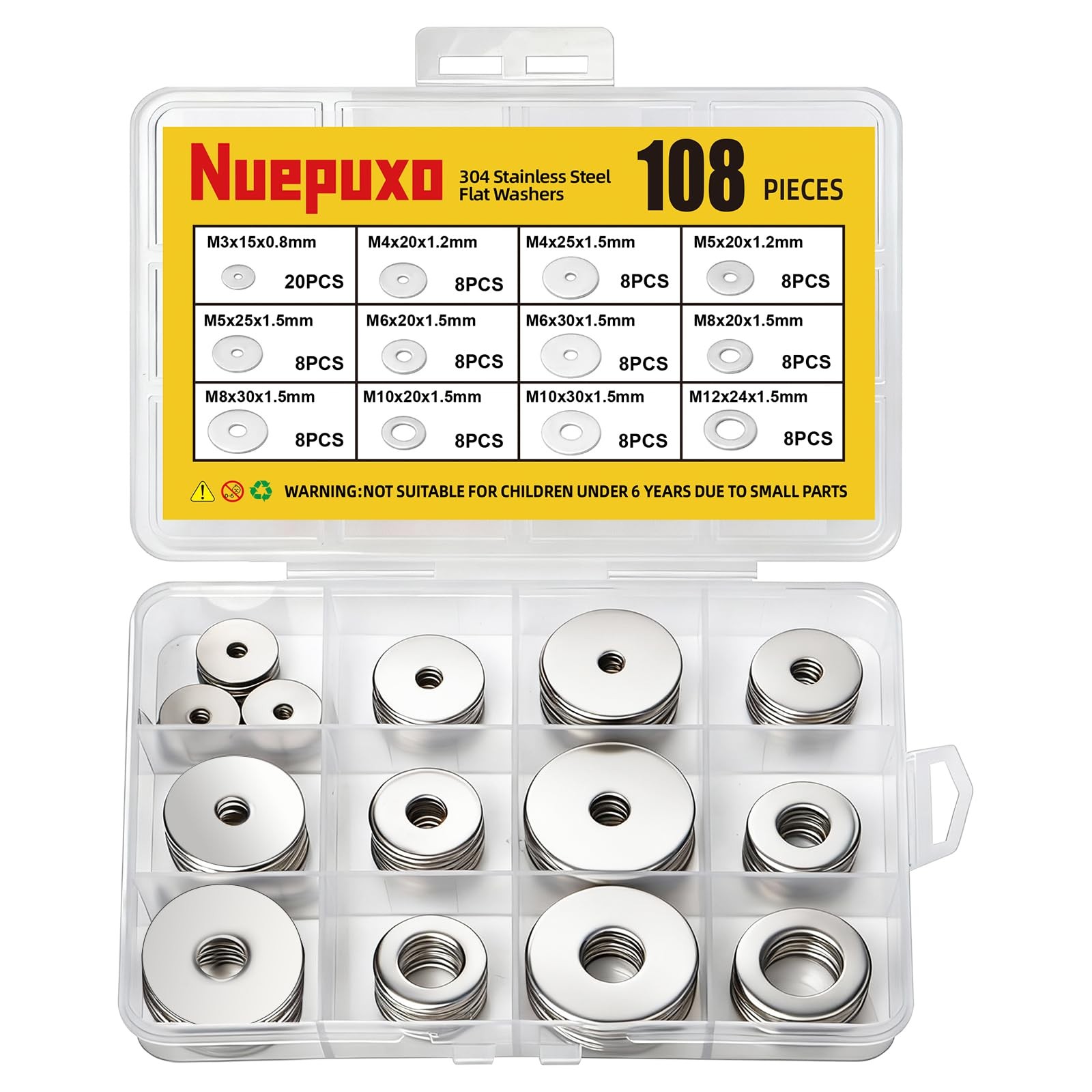 Nuepuxo 108PCS Flat Washers Assortment Kit, 304 Stainless Steel 1.18 inches
