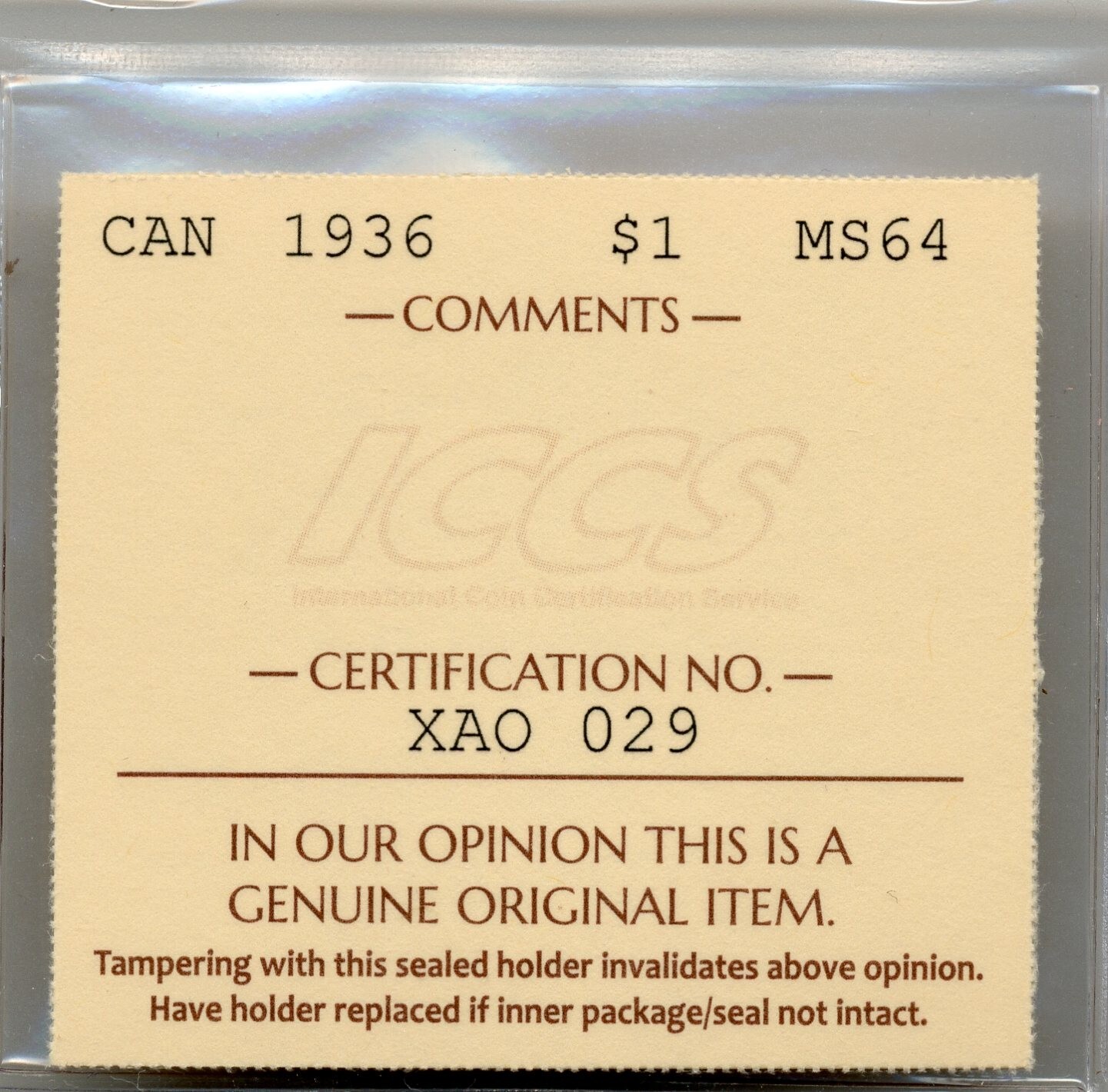 1936 Canadian Silver Dollar - Choice Uncirculated, ICCS MS 64