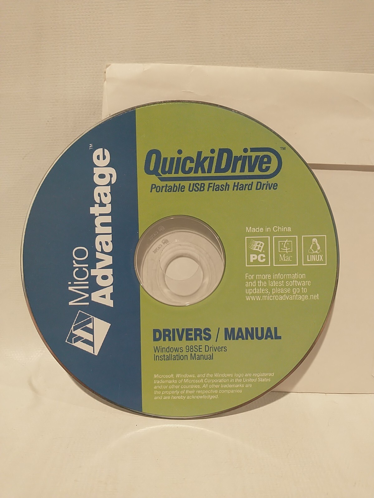 Micro Advantage QuickiDrive Portable USB Flash Drive 98SE Drivers/Manual CD-ROM