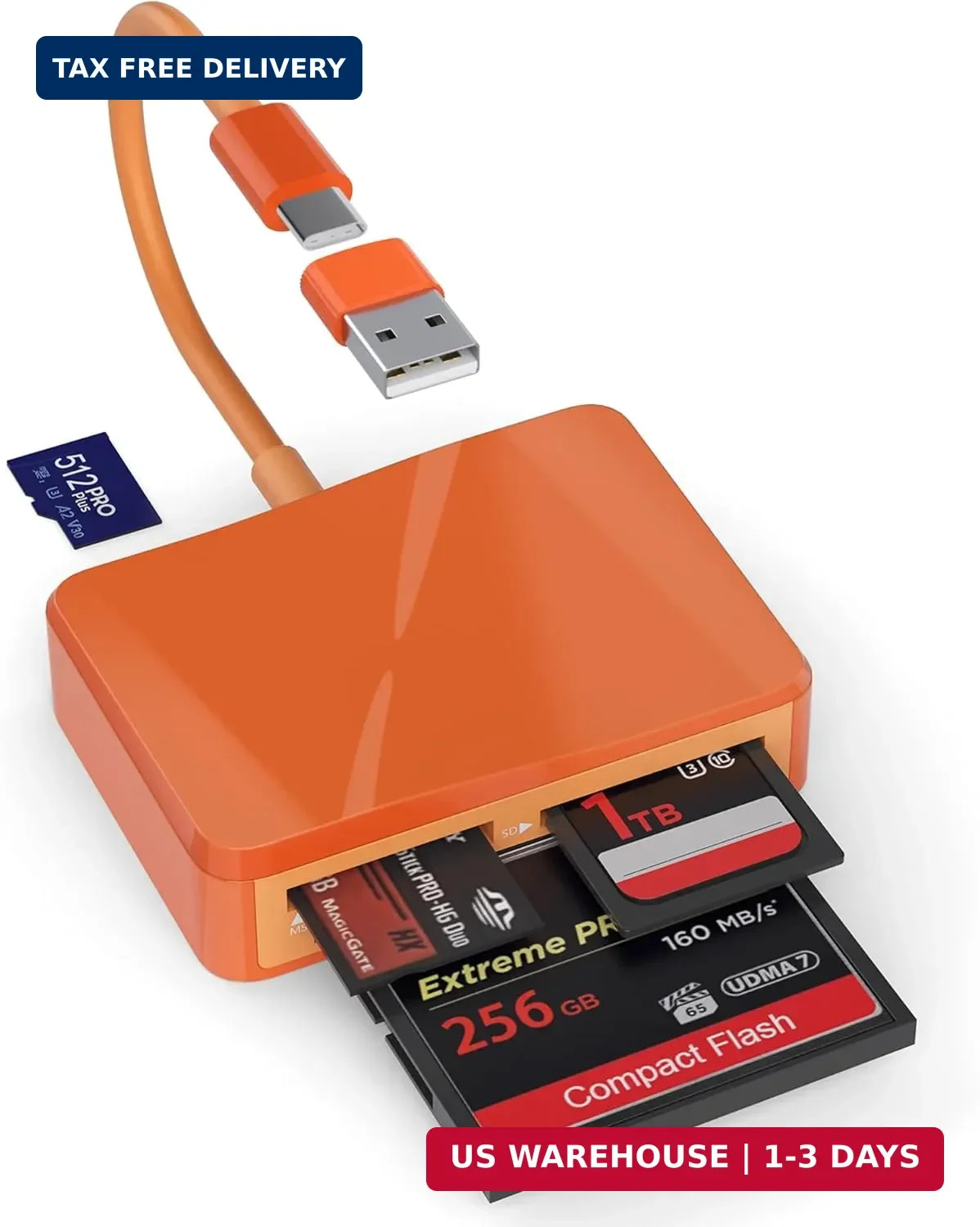 SD Card Reader, 4 in 1 USB C to SD/TF/CF/MS Card Reader with USB to USB C Adapte