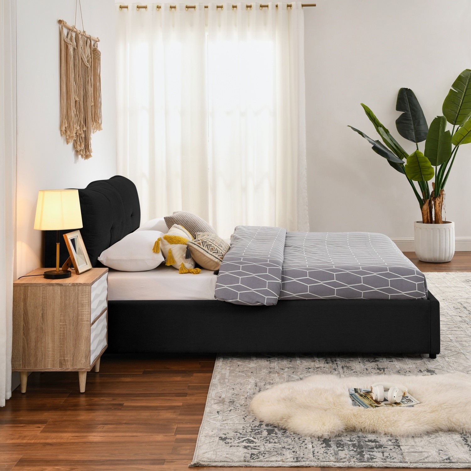 Queen/King Size Upholstered Platform Bed Frame w/ Hydraulic Storage System Black