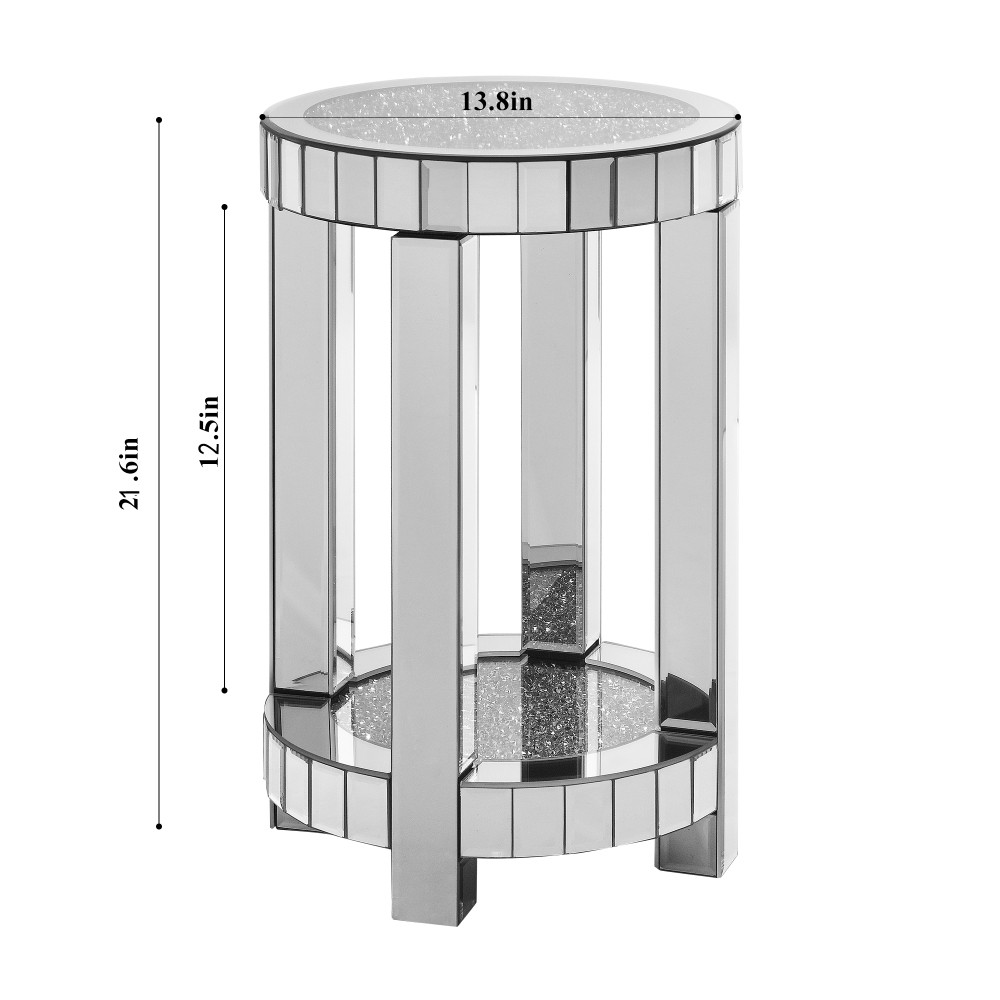 Mirrored Round End Table w/ Crystal Inlay, 2-Tier Coffee Table Silver