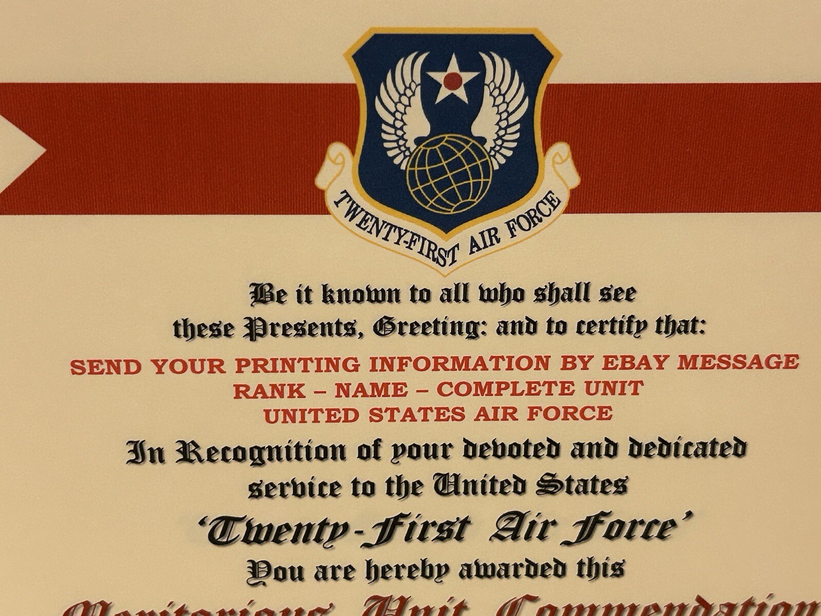 U.S. AIR FORCE / 21ST AIR FORCE - MERITORIOUS UNIT COMMENDATION CERTIFICATE