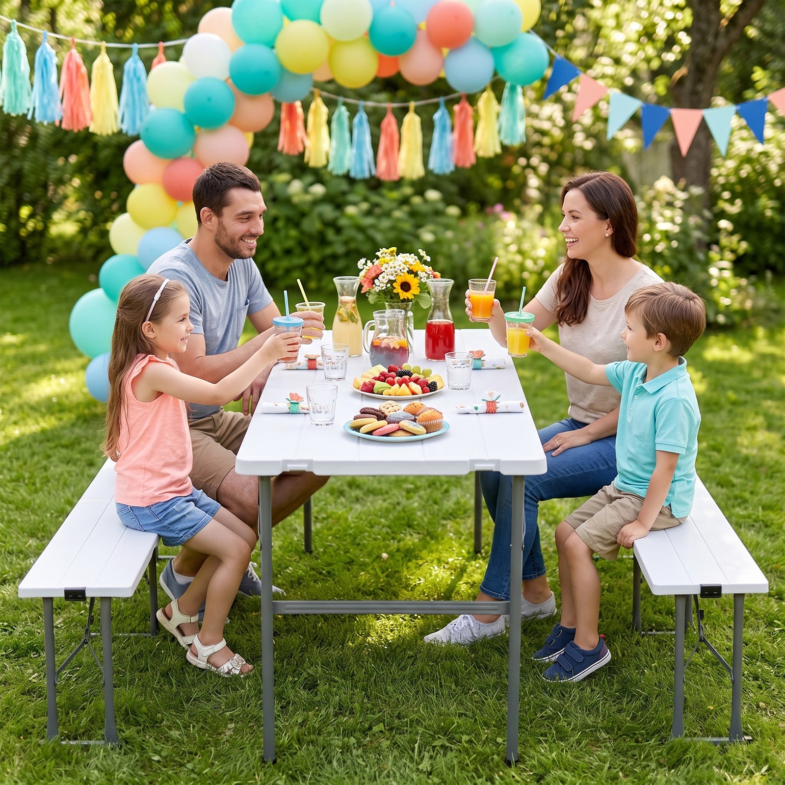 Compact Foldable Picnic Table with Storage Benches Weather Resistant HDPE Table