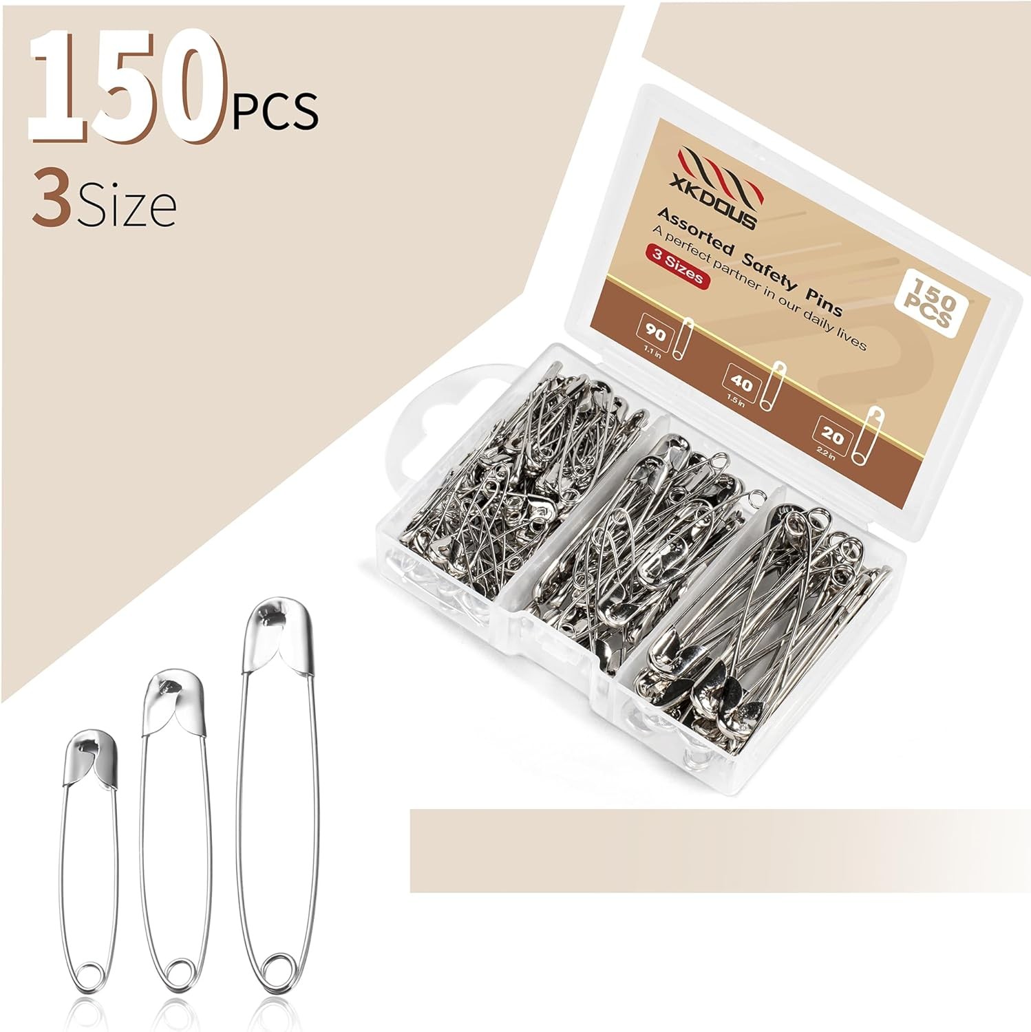 150 Pcs Safety Pins Assorted Sizes Silver Bulk