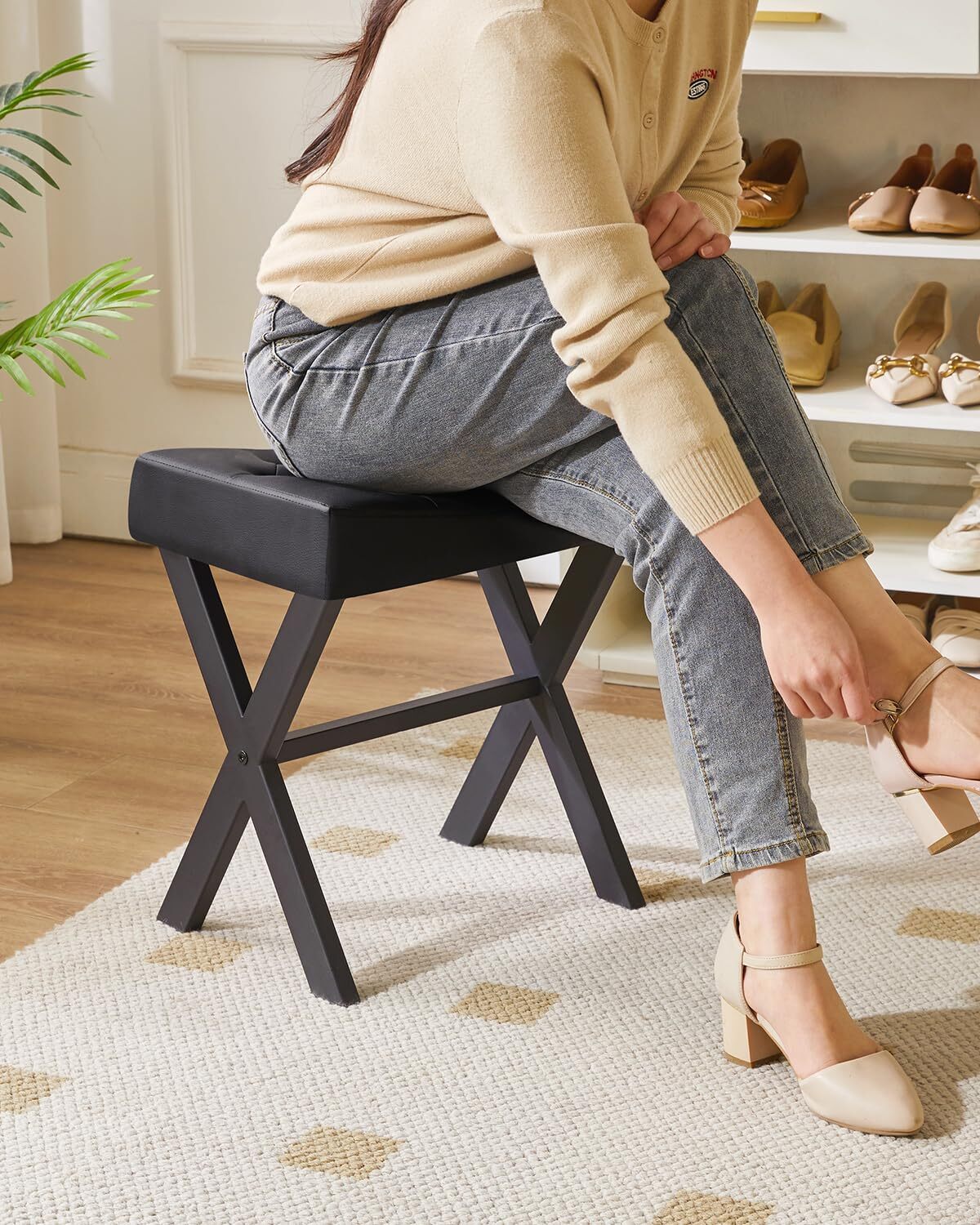 U-Shaped PU Vanity Stool Square Makeup Chair with X-Leg Ottoman Seat Footrest...