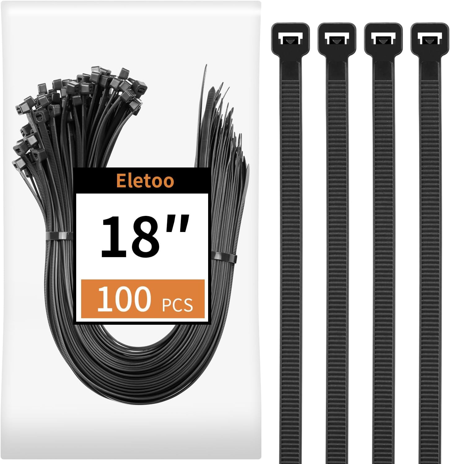 100PCS 18 Inch Black Zip Ties Heavy Duty, 75LBS Tensile Strength, Self-Locking H