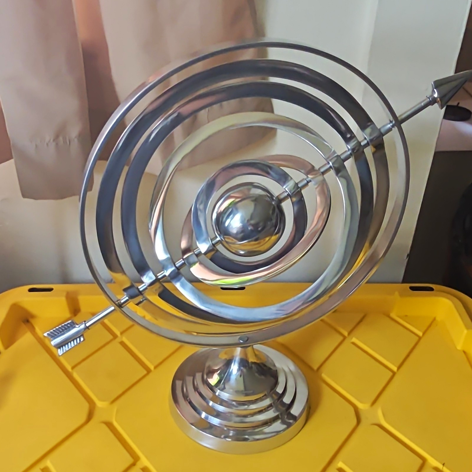 Metal Rotating Armillary Sphere Globe Sculpture, Silver Tone, Base Included