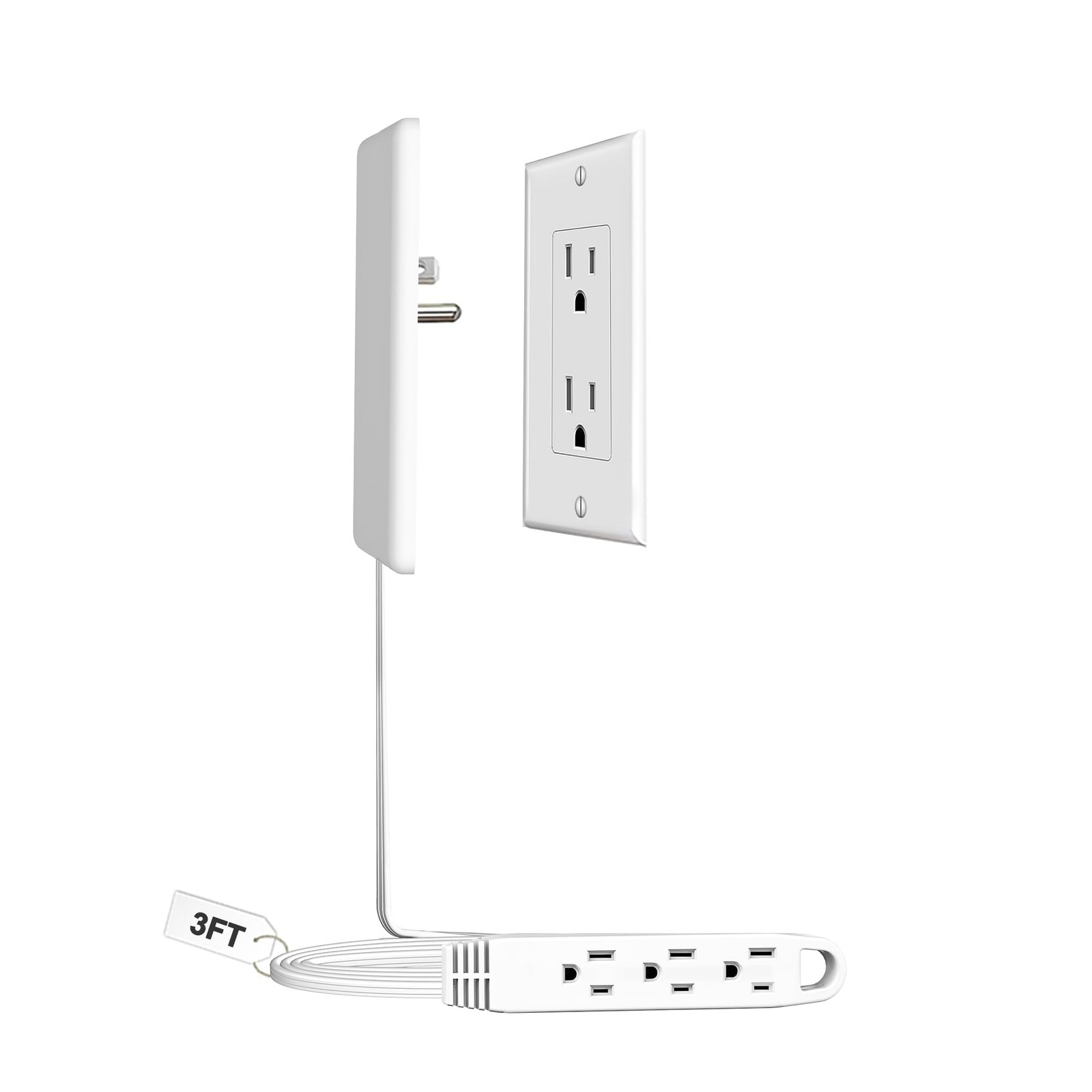 3FT Ultra Flat Plug Extension Cord Power Strip with 3 Outlets, Patented Detac...