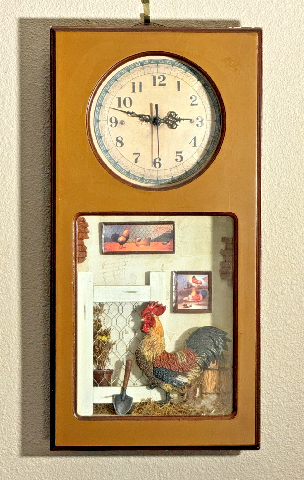 Vintage Rooster Wall Clock 19” x 9.5” Farm Scene Shadowbox Quartz Working