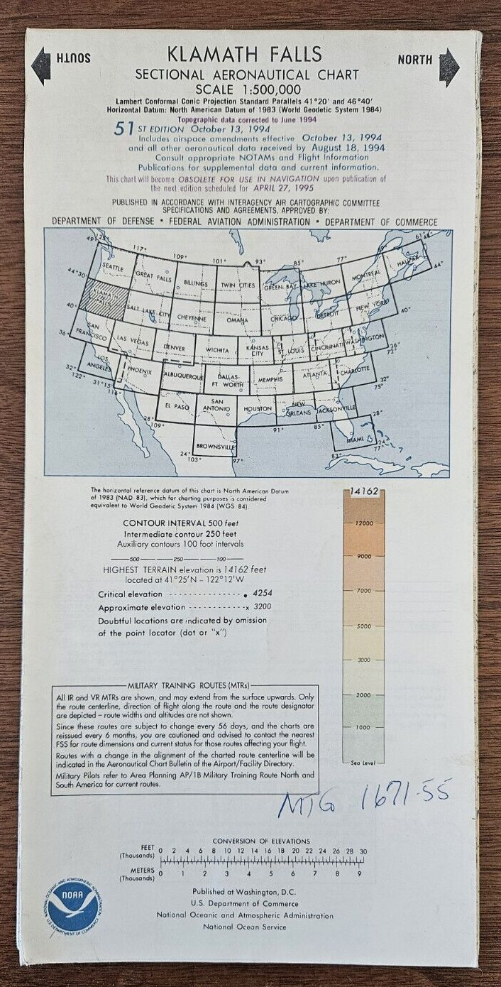 KLAMATH FALLS Sectional Aeronautical Chart 51st Edition Oct 1994 1:500,000 Scale