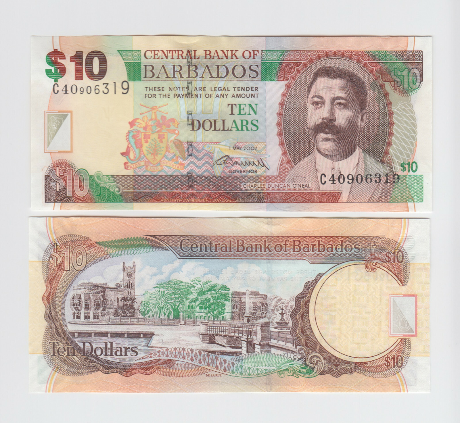 BARBADOS P.68b  10 DOLLARS 1.5.2007 SIG WORRELL  ALMOST UNCIRCULATED yyy   2111